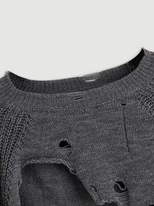 SHEIN MOD Suéter corto con mangas raglán rasgadas, blusas de manga larga para otoño/invierno - Gris Oscuro - Ver 3