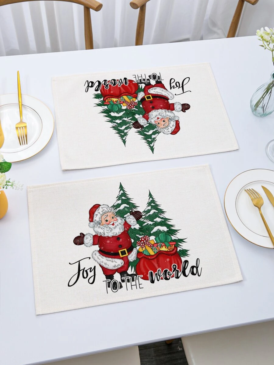 1pc Christmas Santa Claus & Tree Printed Fabric Placemat - Red - View 1