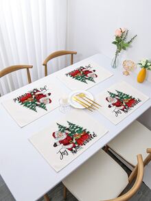 1pc Christmas Santa Claus & Tree Printed Fabric Placemat - Red - View 2