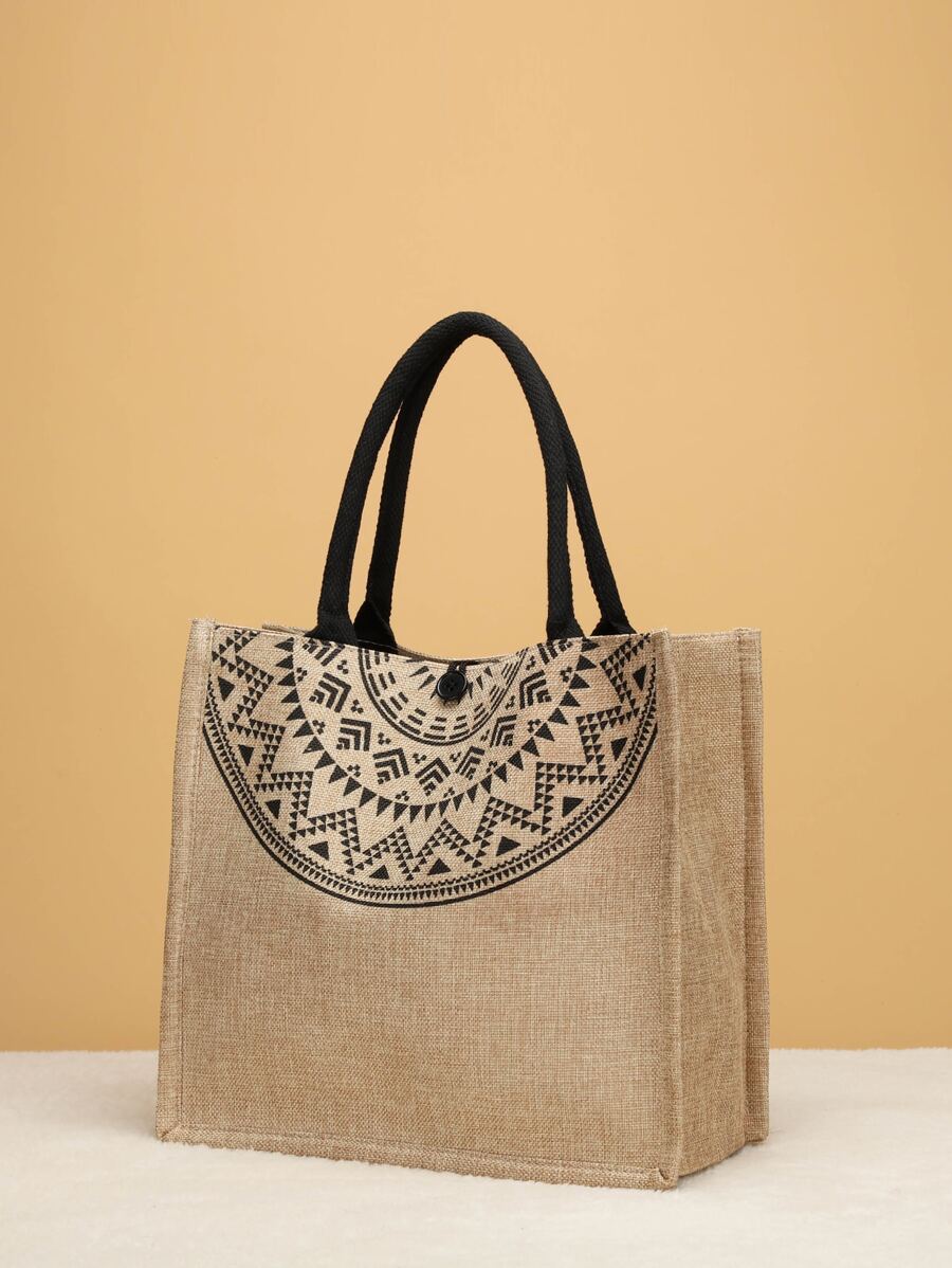 Geometric Print Linen Satchel Bag - Khaki - View 1