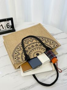 Geometric Print Linen Satchel Bag - Khaki - View 3