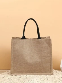 Geometric Print Linen Satchel Bag - Khaki - View 6