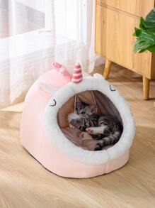 1 件四季粉色独角兽形状宠物床适合中小型猫狗小狗饲养狗床猫床 - 粉色 - 查看 2