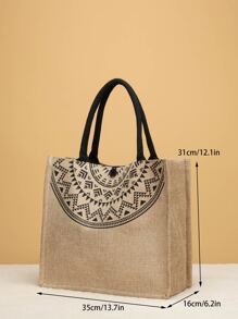 Geometric Print Linen Satchel Bag - Khaki - View 5