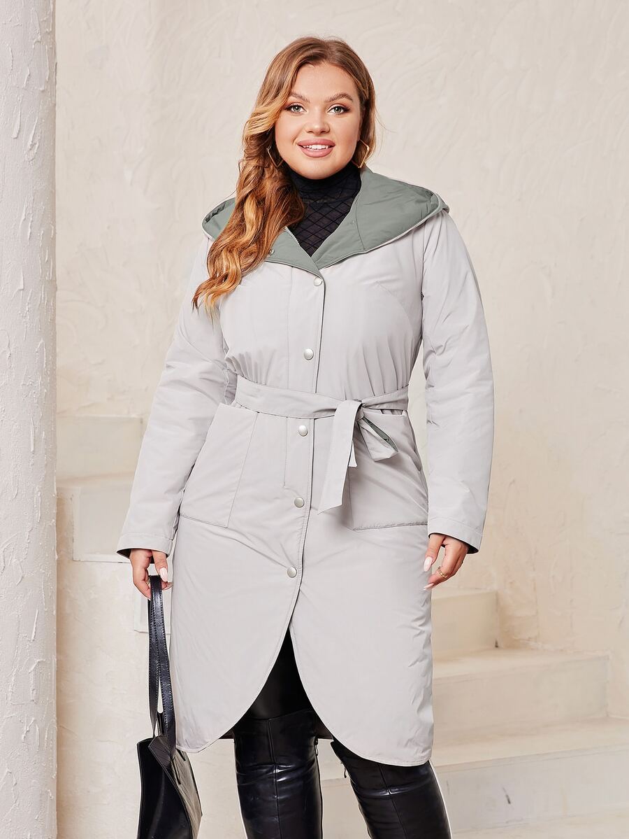 Plus Size Dual Pocket Hooded Belted Padded Coat - Beige - View 1
