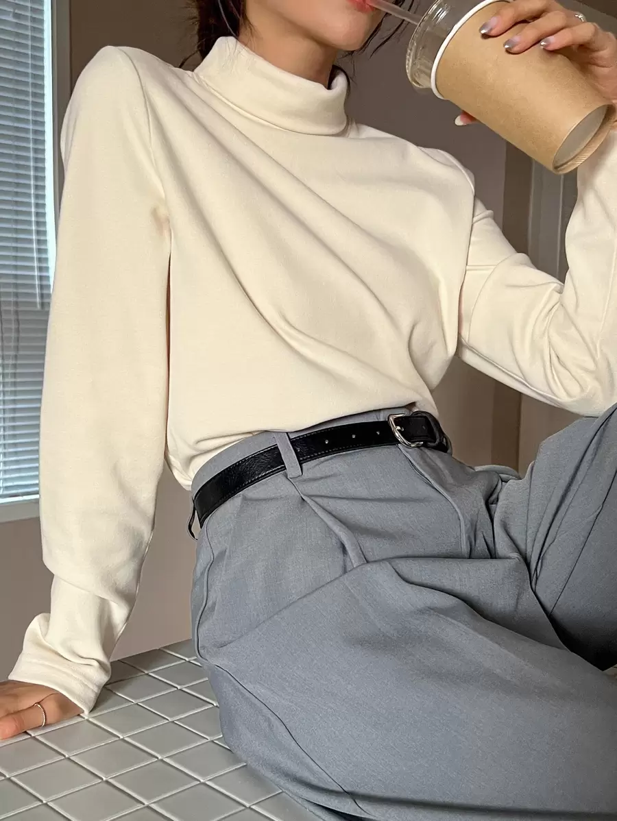 DAZY Solid High Neck Tee,Fall Clothes Long Sleeve Women Tops - Beige - View 1