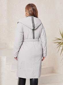Plus Size Dual Pocket Hooded Belted Padded Coat - Beige - View 2