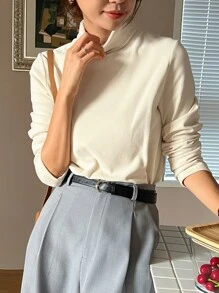 DAZY Solid High Neck Tee,Fall Clothes Long Sleeve Women Tops - Beige - View 2