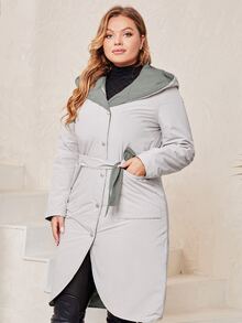 Plus Size Dual Pocket Hooded Belted Padded Coat - Beige - View 4