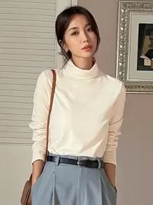 DAZY Solid High Neck Tee,Fall Clothes Long Sleeve Women Tops - Beige - View 3