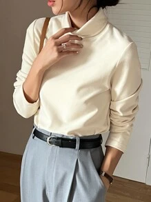 DAZY Solid High Neck Tee,Fall Clothes Long Sleeve Women Tops - Beige - View 4