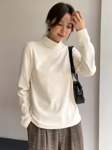 DAZY Solid High Neck Tee,Fall Clothes Long Sleeve Women Tops - Beige - View 5