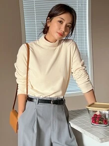 DAZY Solid High Neck Tee,Fall Clothes Long Sleeve Women Tops - Beige - View 6