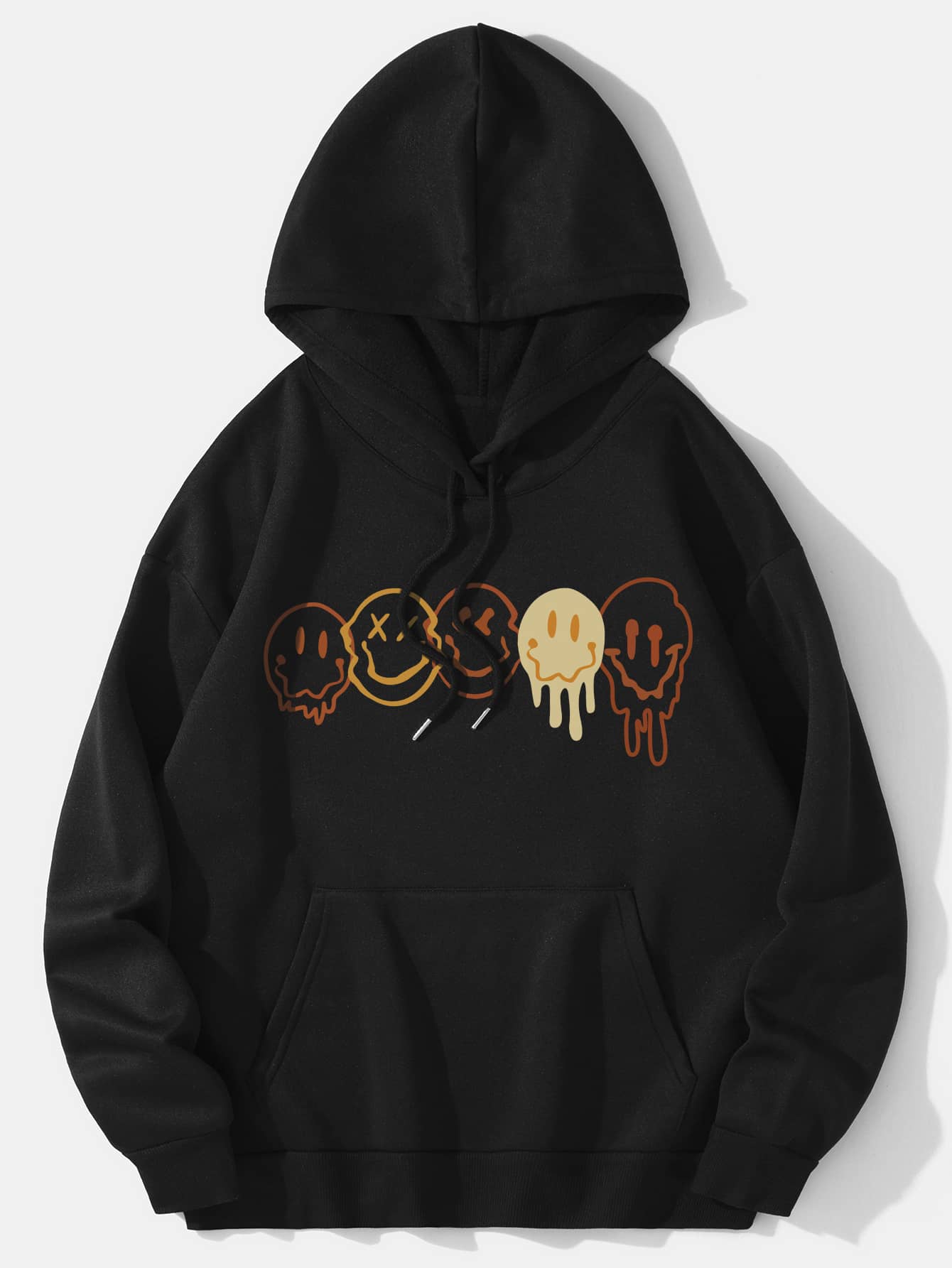 SHEIN EZwear Cartoon Graphic Kangaroo Pocket Thermal Lined Drawstring Hoodie - Black - View 1