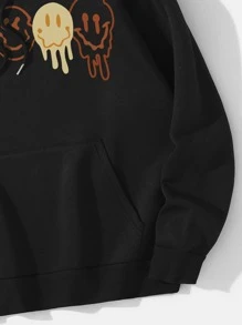 SHEIN EZwear Cartoon Graphic Kangaroo Pocket Thermal Lined Drawstring Hoodie - Black - View 4