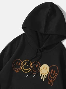 SHEIN EZwear Cartoon Graphic Kangaroo Pocket Thermal Lined Drawstring Hoodie - Black - View 5