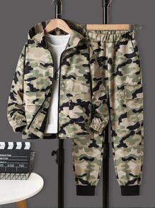SHEIN Boys Camo Print Zip Up Hooded Jacket & Trousers Without Tee - Multicolor - View 5