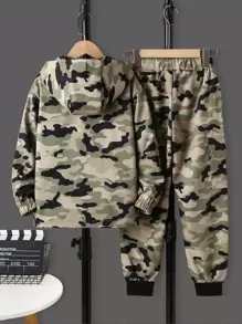 SHEIN Boys Camo Print Zip Up Hooded Jacket & Trousers Without Tee - Multicolor - View 4