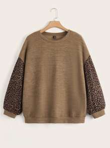 SHEIN Unity Plus Leopard Print Drop Shoulder Sweatshirt Winter Fall Autumn - Coffee Brown - View 1