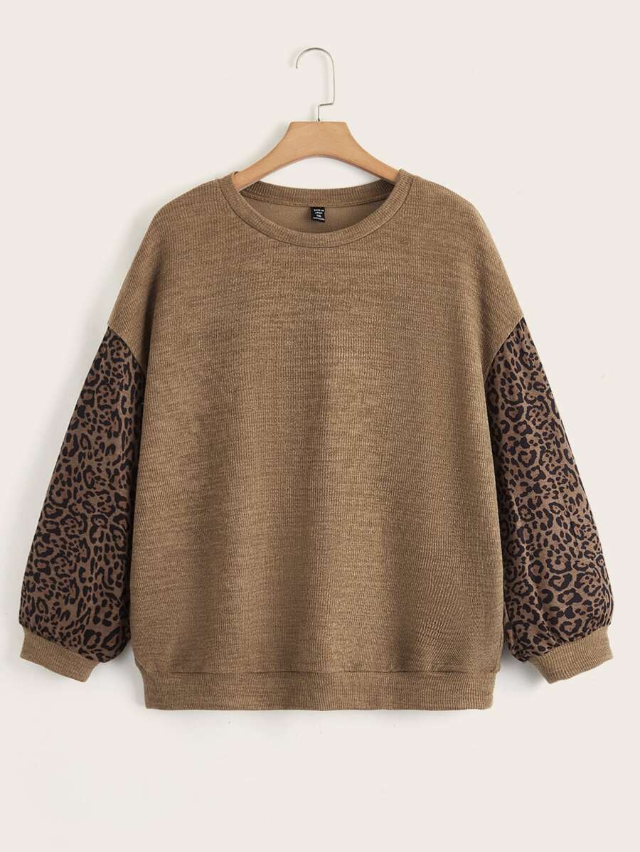 SHEIN Unity Plus Leopard Print Drop Shoulder Sweatshirt Winter Fall Autumn - Coffee Brown - View 1