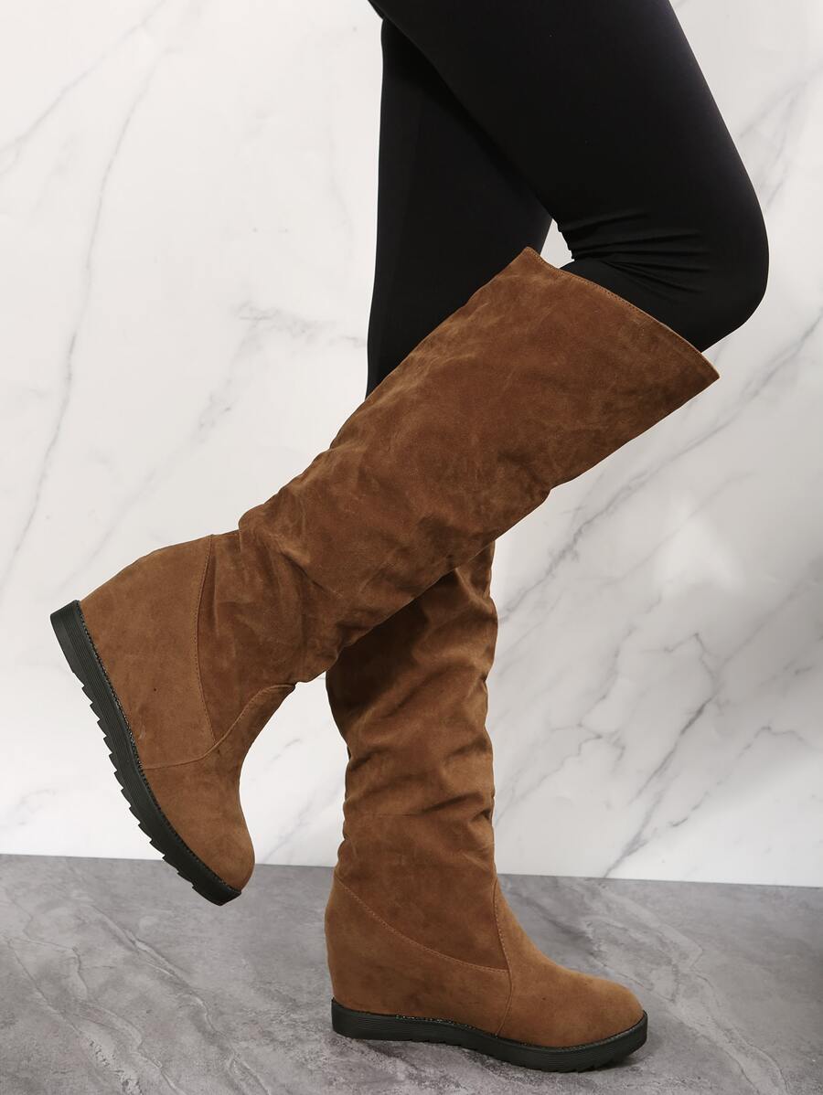 Slip On Faux Suede Wedge Boots - Brown - View 1