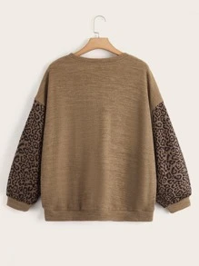 SHEIN Unity Plus Leopard Print Drop Shoulder Sweatshirt Winter Fall Autumn - Coffee Brown - View 2
