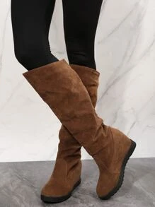 Slip On Faux Suede Wedge Boots - Brown - View 2
