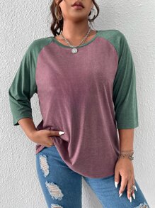 SHEIN LUNE Plus Colour Block Raglan Sleeve Tee - Mauve Purple - View 1