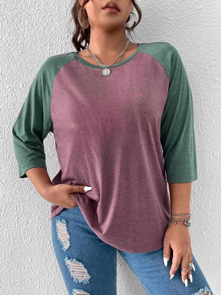 SHEIN LUNE Plus Colour Block Raglan Sleeve Tee - Mauve Purple - View 1