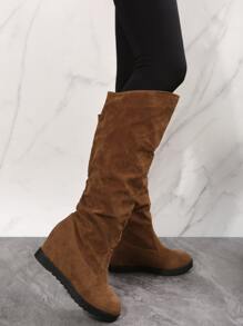 Slip On Faux Suede Wedge Boots - Brown - View 4