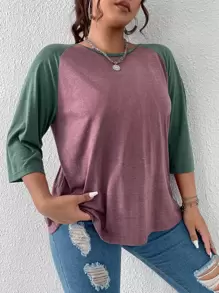 SHEIN LUNE Plus Colour Block Raglan Sleeve Tee - Mauve Purple - View 3