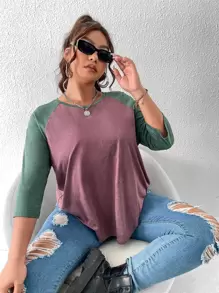 SHEIN LUNE Plus Colour Block Raglan Sleeve Tee - Mauve Purple - View 5