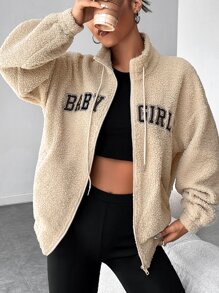 SHEIN EZwear Letter Embroidery Drop Shoulder Drawstring Fleece Jacket - Apricot - View 1