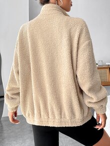 SHEIN EZwear Letter Embroidery Drop Shoulder Drawstring Fleece Jacket - Apricot - View 2