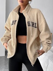 SHEIN EZwear Letter Embroidery Drop Shoulder Drawstring Fleece Jacket - Apricot - View 3