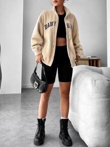 SHEIN EZwear Letter Embroidery Drop Shoulder Drawstring Fleece Jacket - Apricot - View 4