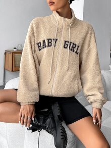 SHEIN EZwear Letter Embroidery Drop Shoulder Drawstring Fleece Jacket - Apricot - View 5