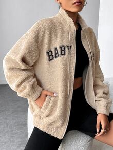 SHEIN EZwear Letter Embroidery Drop Shoulder Drawstring Fleece Jacket - Apricot - View 6