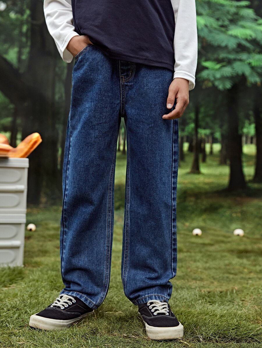 男孩彈性腰帶錐形牛仔褲 - 深色水洗藍 - 查看 1