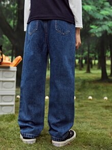 男孩彈性腰帶錐形牛仔褲 - 深色水洗藍 - 查看 2