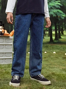 男孩彈性腰帶錐形牛仔褲 - 深色水洗藍 - 查看 4