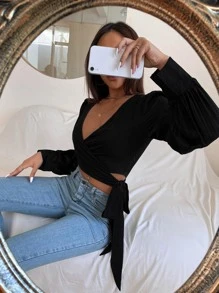 EMERY ROSE Áo cánh tay bèo buộc chéo cổ bên, áo dài tay - màu đen - Xem 6