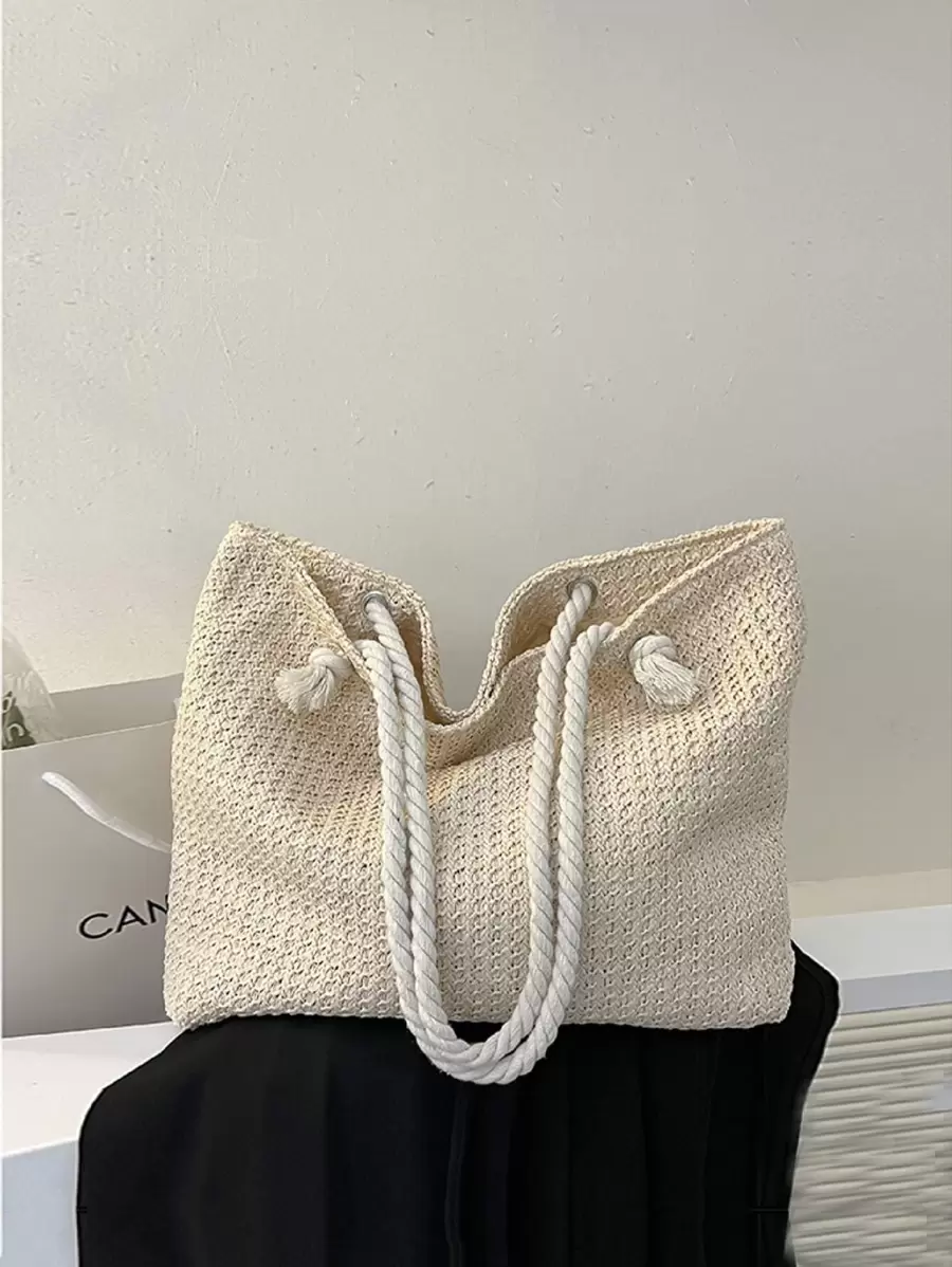 EMERY ROSE 轻便、休闲简约大容量草编包，适合少女、女大学生，非常适合大学、户外、旅行、郊游、书包、大容量、便携、笔记本电脑隔层夏季草编女士沙滩包、最热门的女士沙滩包、时尚夏季度假包、海滩必备女士度假包、度假必备包、非常适合夏季、度假和海滩 - 米色 - 查看 1