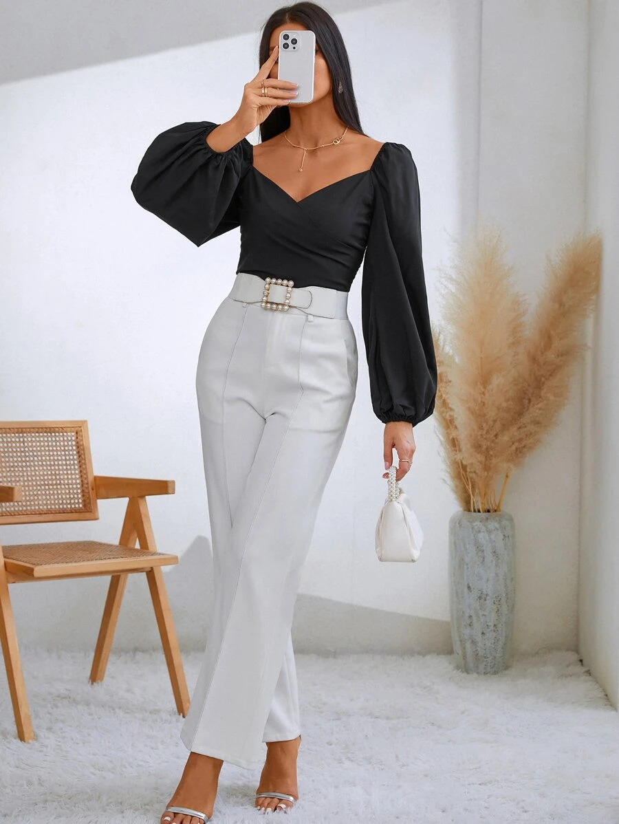 SHEIN Privé Solid Shirred Back Crop Blouse - Black - View 1