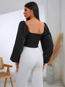 SHEIN Privé Solid Shirred Back Crop Blouse - Black - View 2