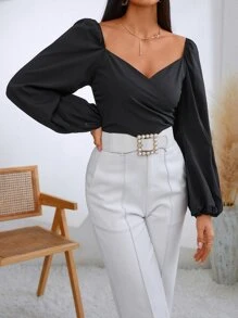 SHEIN Privé Solid Shirred Back Crop Blouse - Black - View 3