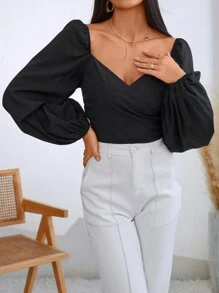 SHEIN Privé Solid Shirred Back Crop Blouse - Black - View 4