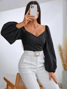 SHEIN Privé Solid Shirred Back Crop Blouse - Black - View 5