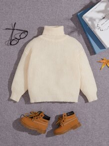 SHEIN Toddler Boys Turtleneck Ribbed Knit Drop Shoulder Jumper - Beige - View 1