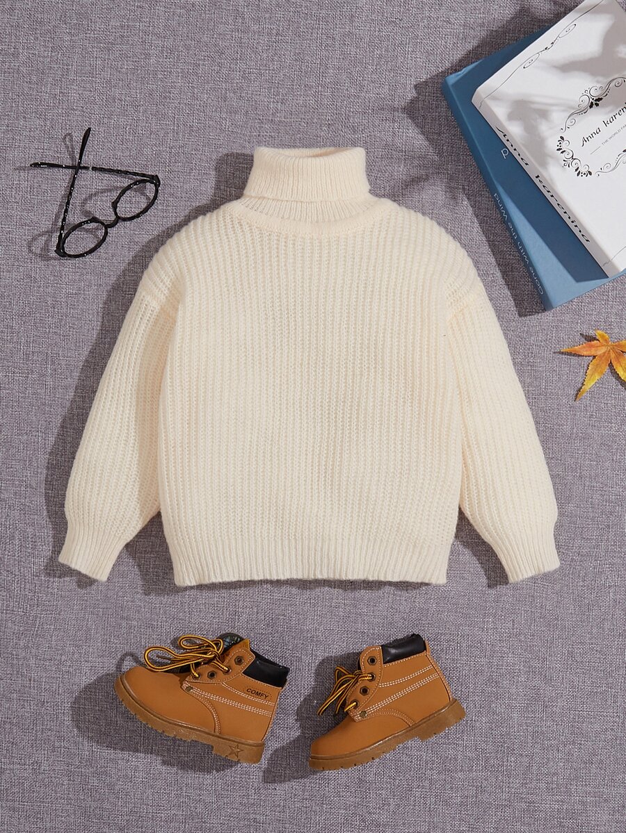 SHEIN Toddler Boys Turtleneck Ribbed Knit Drop Shoulder Jumper - Beige - View 1